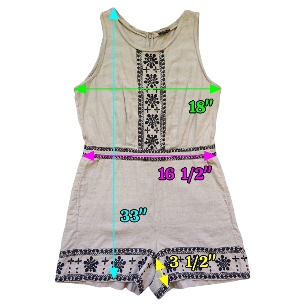 LOFT 100% Linen Khaki Tan Black Embroidered Sleeveless Romper Pockets Boho - Picture 2 of 13